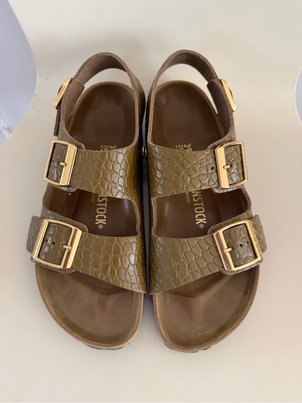 Birkenstock Womens Olive Brown Embossed Milano Sandals with Gold Buckles